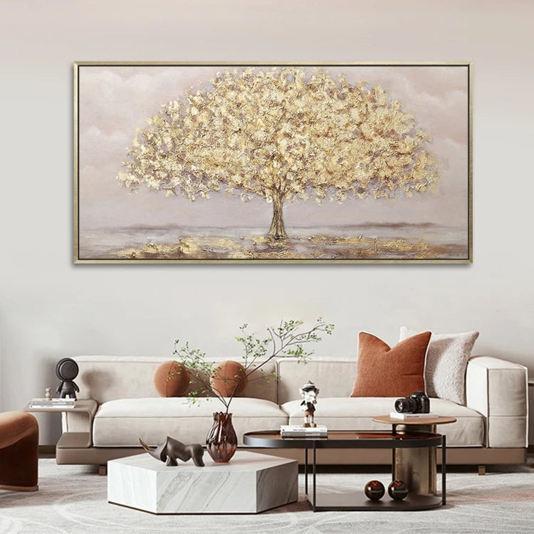 Home Decor 100% Hand Painted Gold Foil Tree Artwork Modern Acrylic Wall Art 3D Landscape Painting