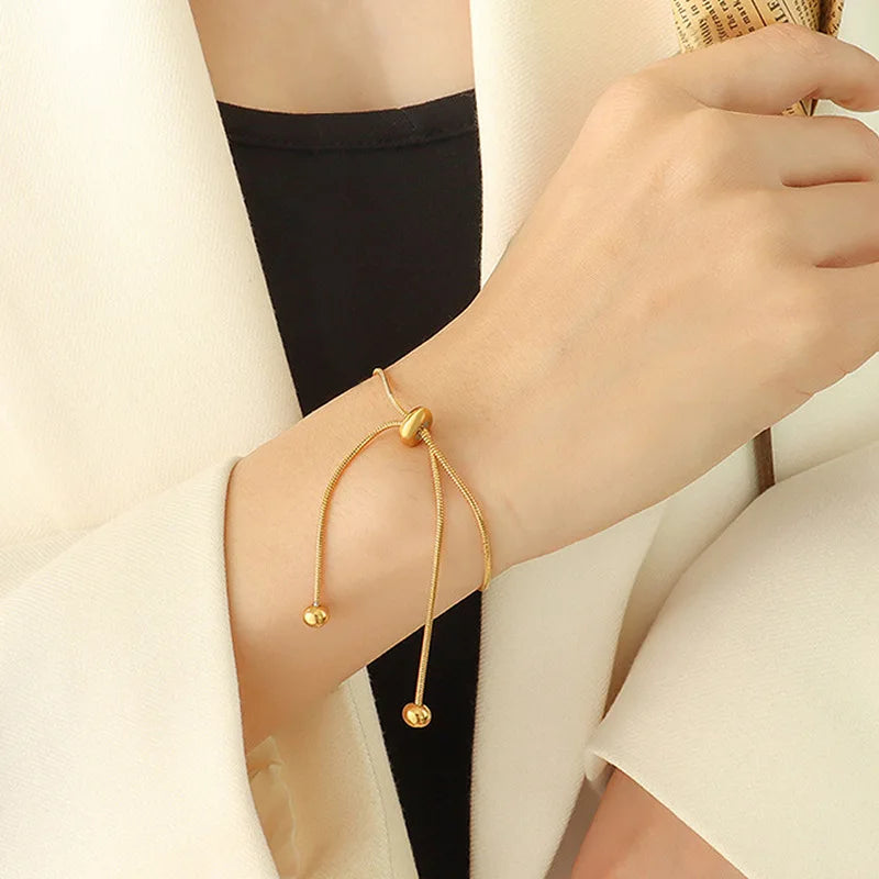 Adjustable Bracelet for Women Gold Color Stainless Steel Round Bead Snake Chain Hand Link High Quality Jewelry Wholesale