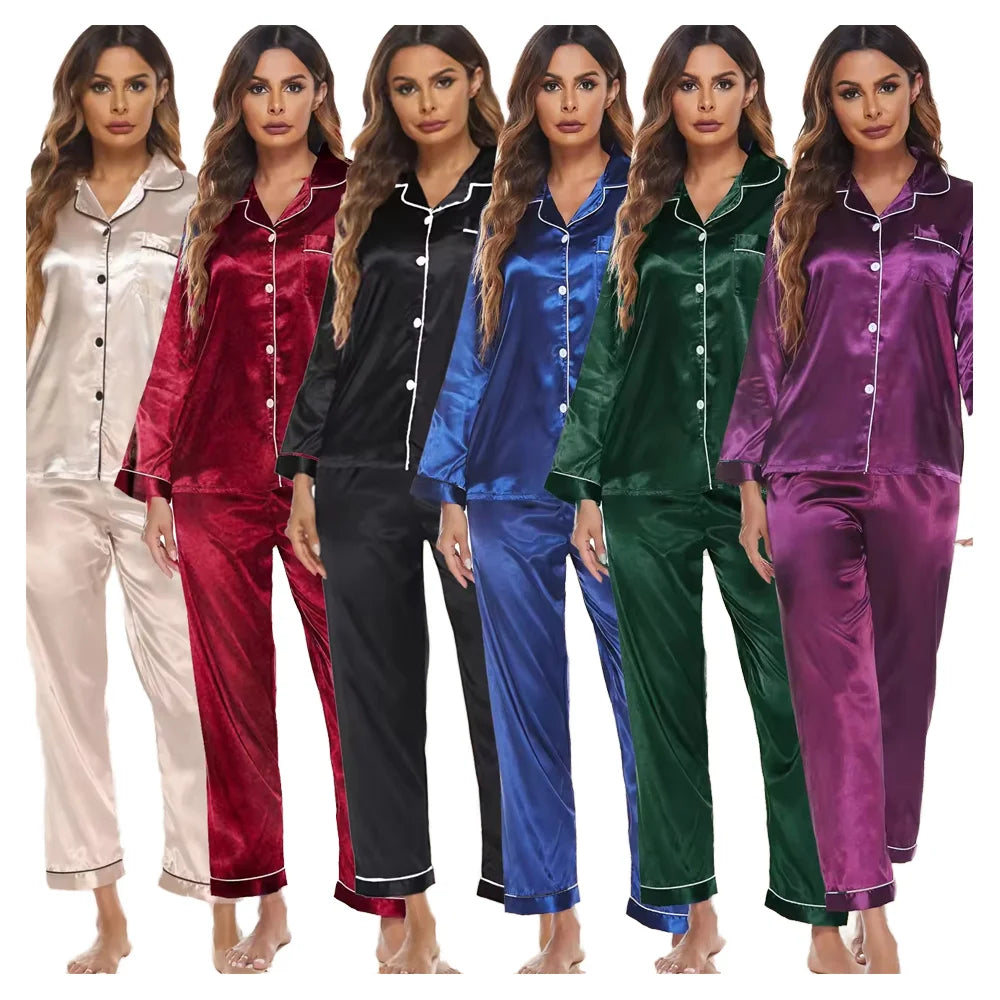 Women Solid Pajamas Sets Two Piece Ladies Satin Polyester Loungewear Sets Spring Long Sleeve Sleepwear
