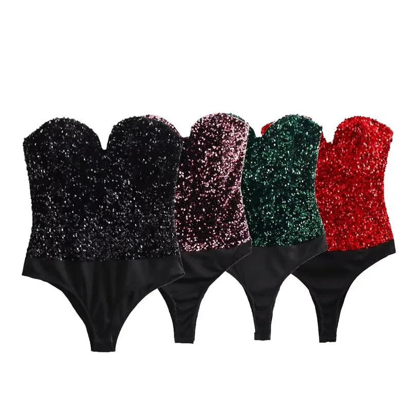 XS-L Spicy Girl Sexy Backless Strapless Sequin Jumpsuit High Waisted Tight and Spicy Short Jumpsuit