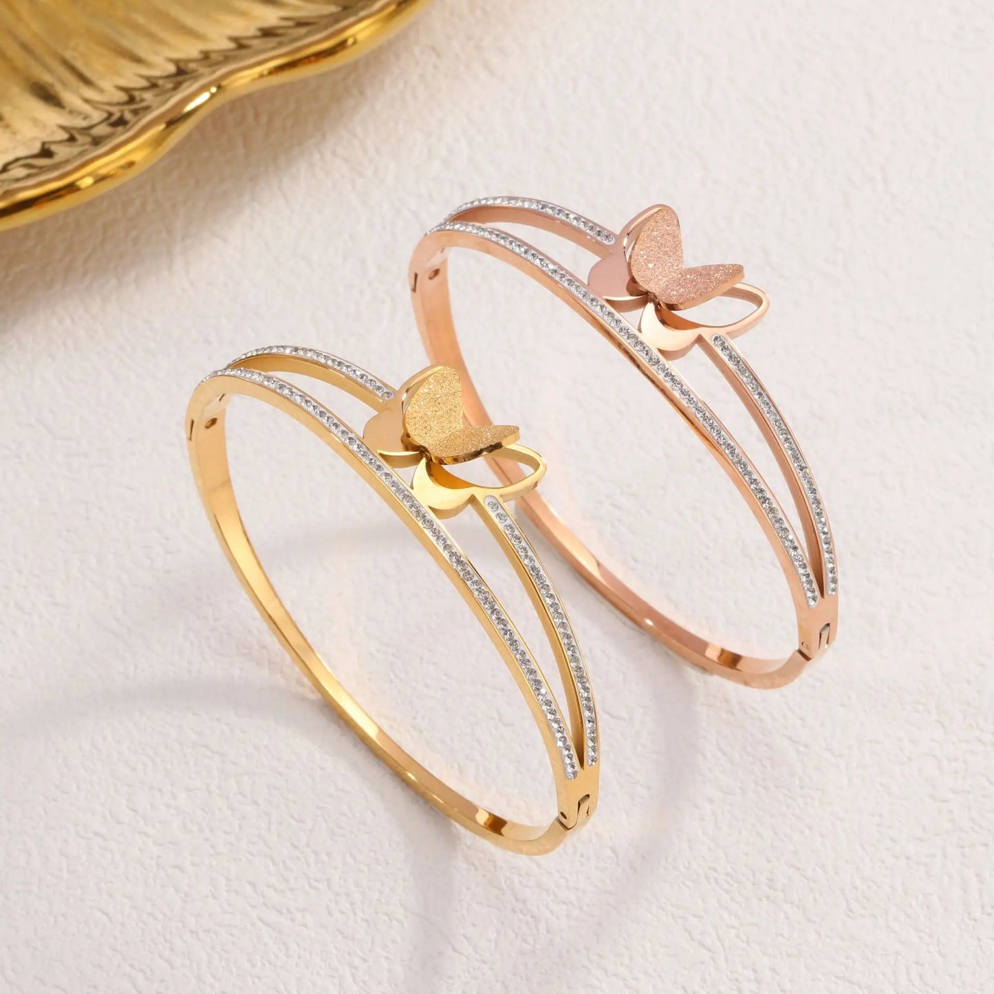 Wholesale Luxury Tarnish Free Zirconia Stainless Steel Frosted Double Layers Butterfly Charm Bracelets & Bangles for Women Gi