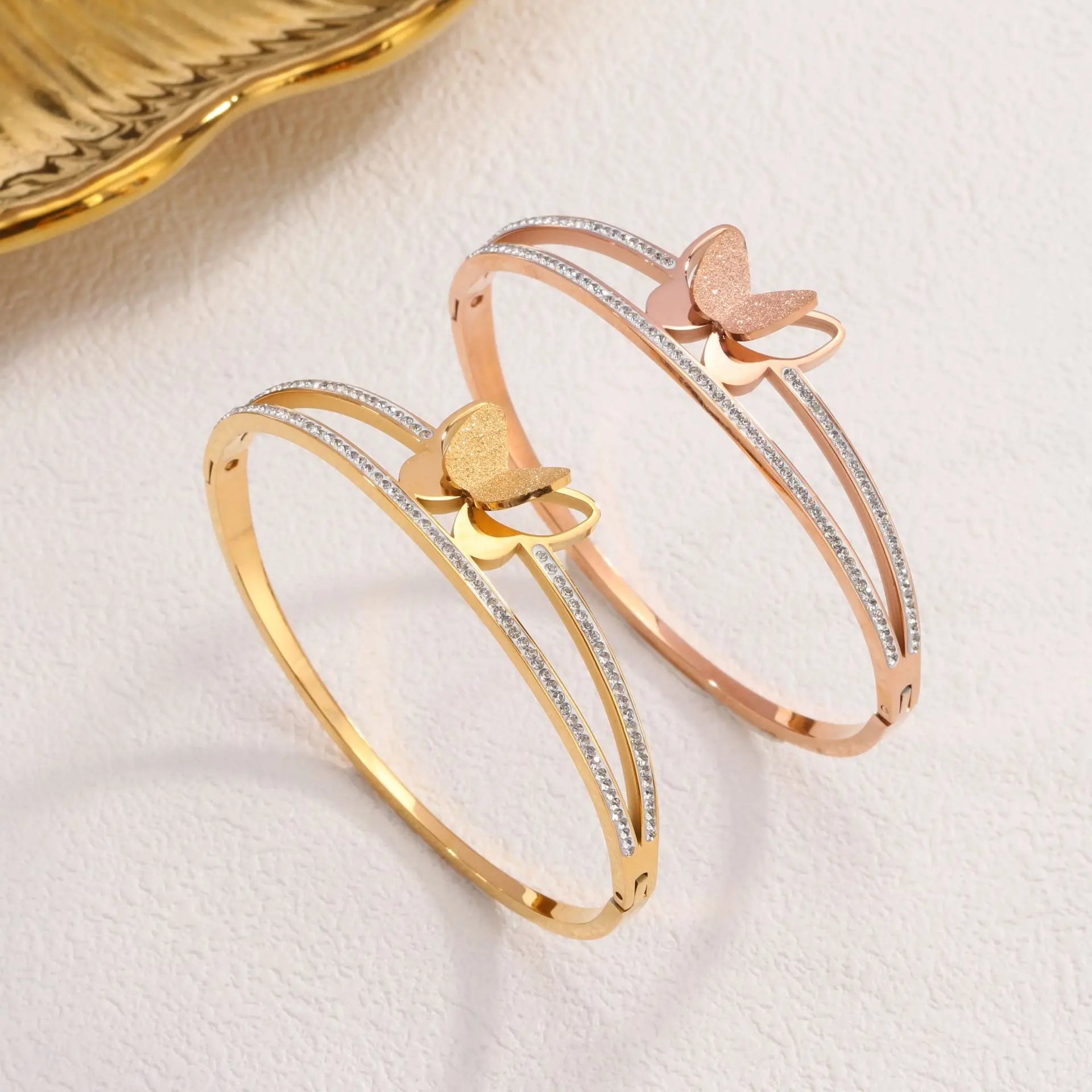 Wholesale Luxury Tarnish Free Zirconia Stainless Steel Frosted Double Layers Butterfly Charm Bracelets & Bangles for Women Gi
