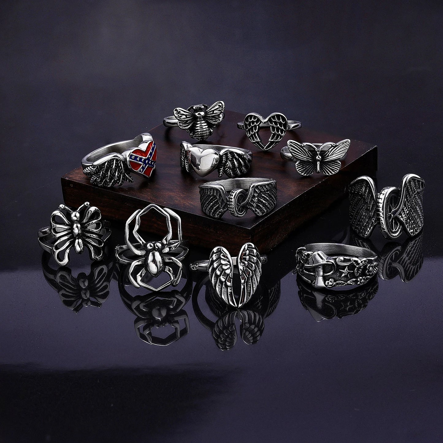 Fashion Stainless Steel Gothic Jewelry Vintage Punk  Butterfly Mushroom Heart Shape  Skull Unique Gothic Ring Women Mix Lot