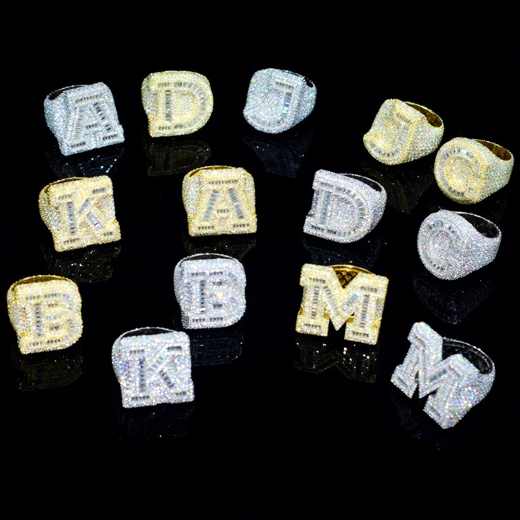 Wholesale Vvs Moissanite Hip Hop Letter Ring Iced Out Baguette Cut Gold Plated 925 Silver Fine Jewelry Rings for Men Women