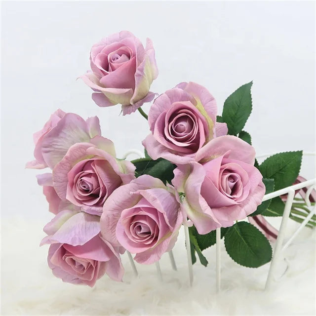 Artificial Single Stem Real Touch Silk Latex Faux Purple White Diana Rose Flower for Wedding Table Party Home Decoration