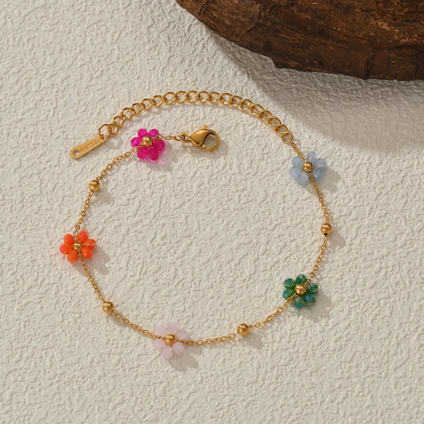 INS Style 18K Gold Plated Handmade Colored Flower Chain Stainless Steel Bracelet for Girls