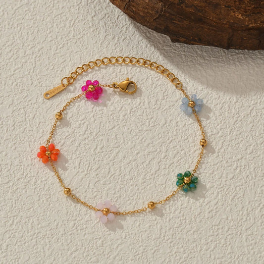 INS Style 18K Gold Plated Handmade Colored Flower Chain Stainless Steel Bracelet for Girls