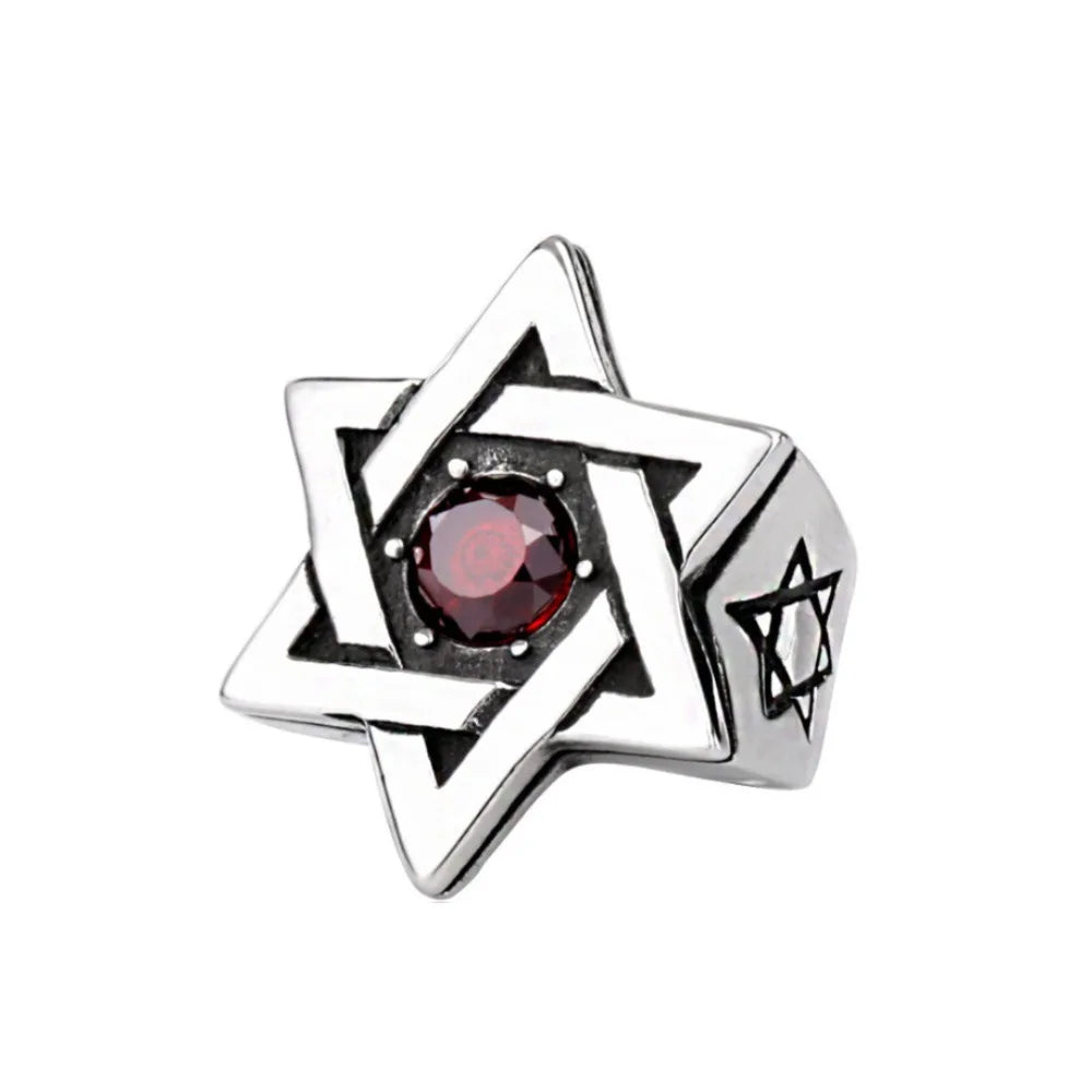 YK Fashionable Hip-hop Jewelry Men's Six Pointed Star Inlaid Ruby Stainless Steel Personalized Fine Jewelry Rings Wholesale