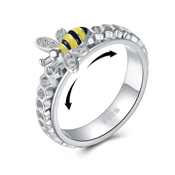 New Micro-Paved Zirconia Rotatable Bee Ring Anti Anxiety Hammered Spinner Thumb Band Chunky Rings Rotating Fidget Rings for W