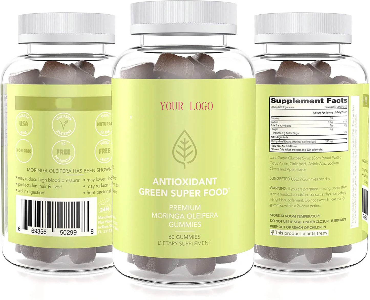 OEM Supplements Moringa Oleifera Leaf Powder 60-Gram Gummy Candy Customizable Shapes Flavors Adult Immunity Support Custom Br