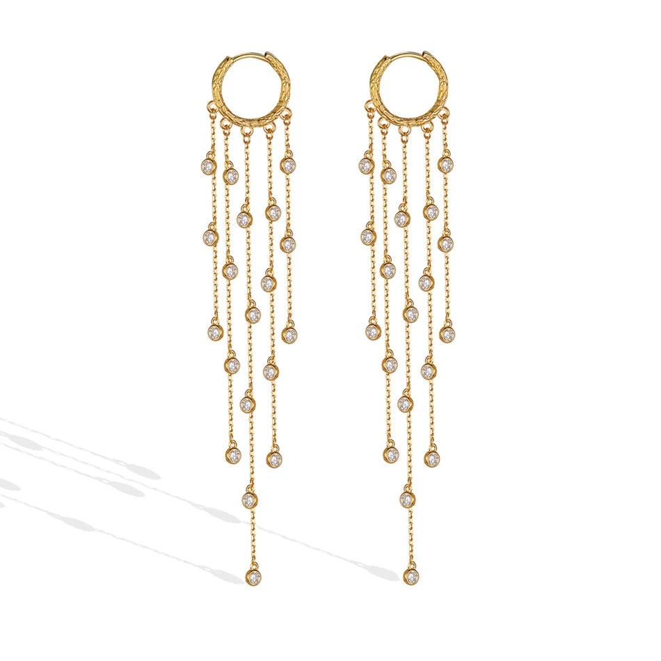 Multi Dangling Bezel Chain  Gold  Drop Earrings S925 Sterling Silver 925 Hoops Earrings with Long Tassel Gift for Her
