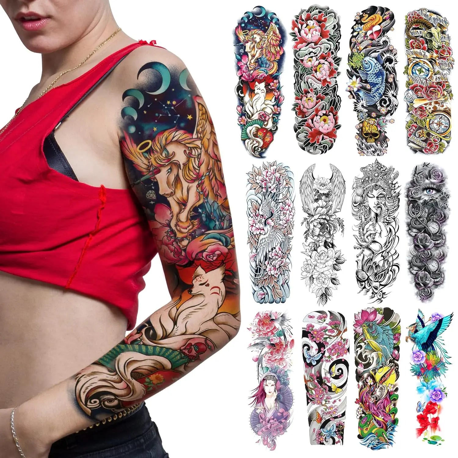 Full Arm Flower Goldfish Snake Tattoos Bright-colored Realistic Temporary Tattoo Sleeves for Adult