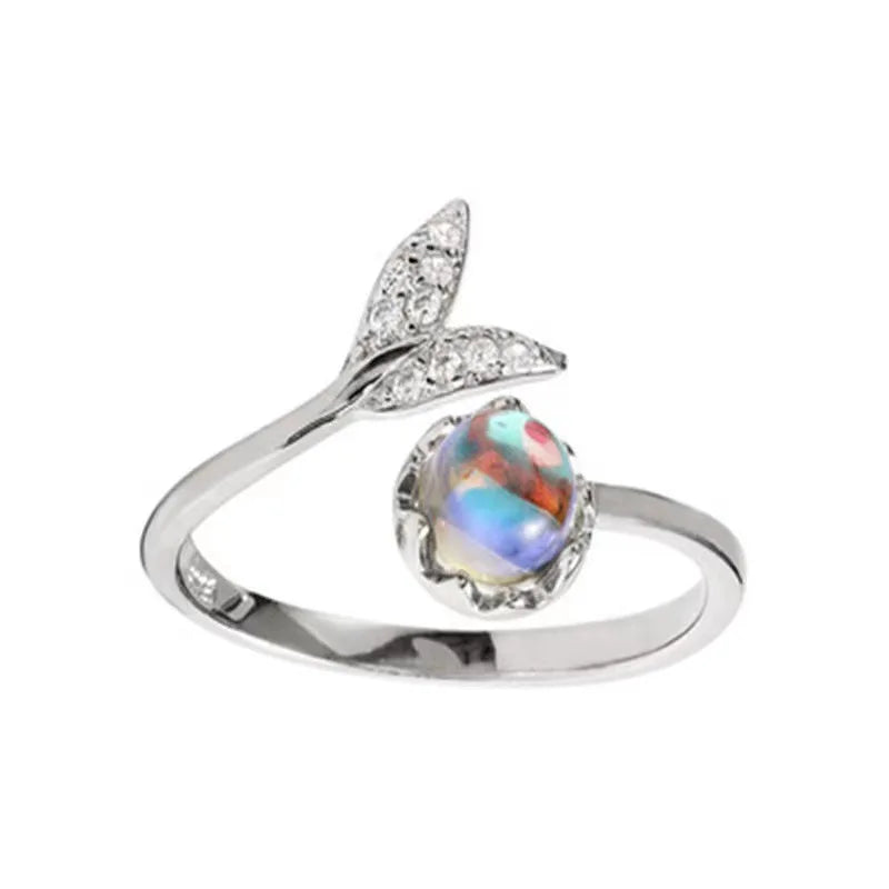 AA0160255 Dolphin Mermaid Tail Moonstone Gemstone Opal Ring Adjustable Rings Women Elegant Jewelry