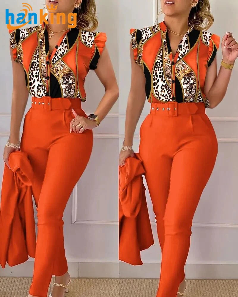 Ehanking Fashion 2 Piece Set Women Casual Flowers Leopard Printed Ruffle Trim Sleeve V-Neck Top High Waist Pants Outfits Suit
