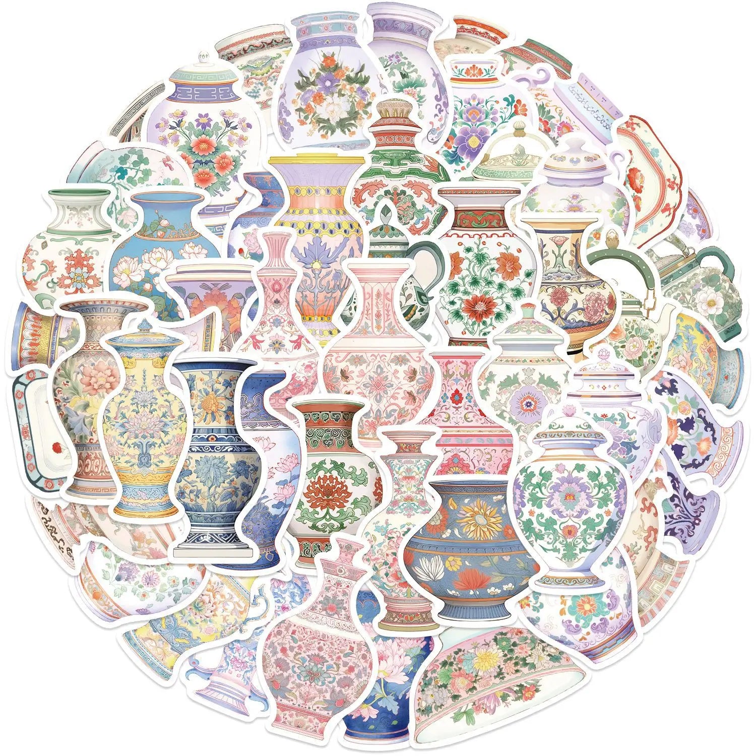 52Pcs Beautiful Chinese Porcelain Graffiti Stickers for Bottle Book Decor Vinyl Traditional Flower Vase Sticker