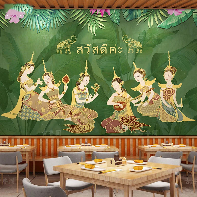Custom Floral Thai Restaurant Cuisine Mural Wallpaper Waterproof Background Wall for Spa Hotel Club Decorative Wall Art