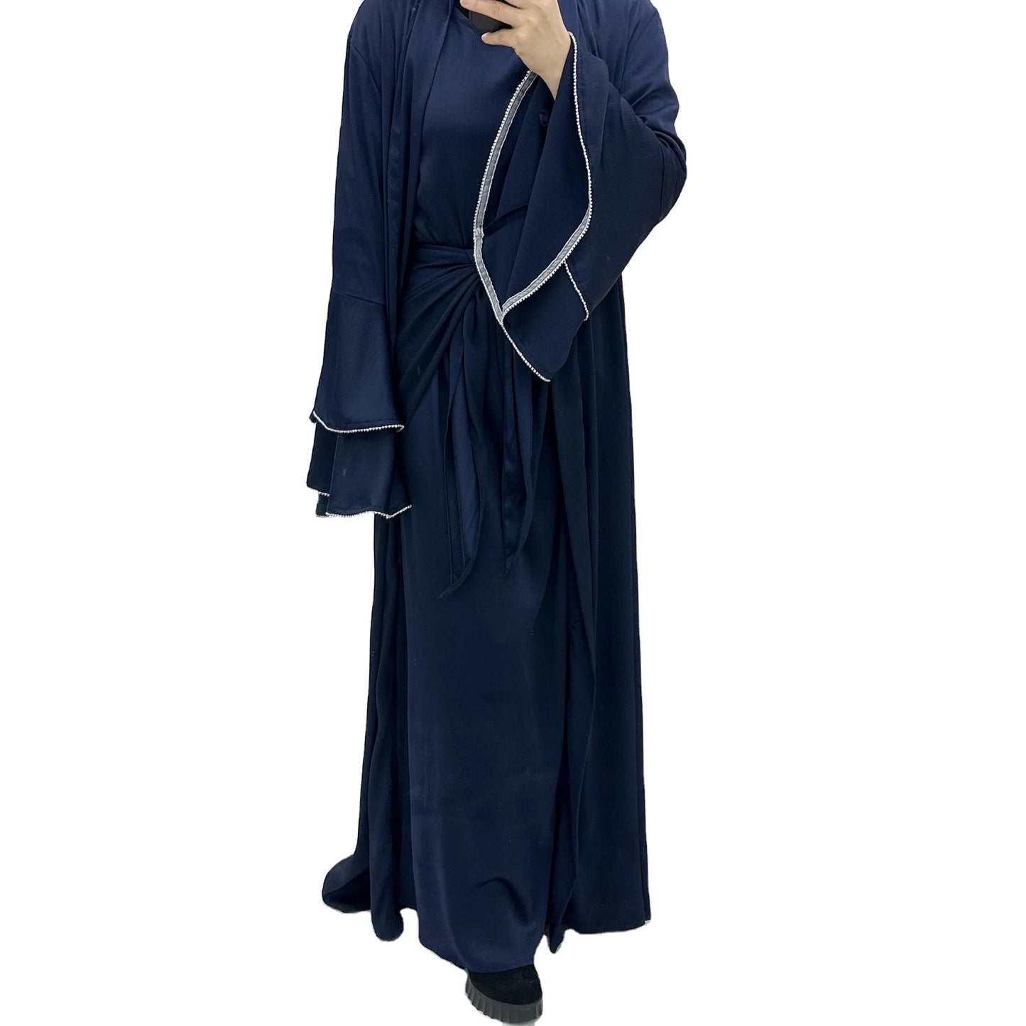Modest 3-Piece Eid Ramadan Outfit Set Breathable Satin Open Abaya Dress with Inner Dress and Midi Wrap Islamic Wear