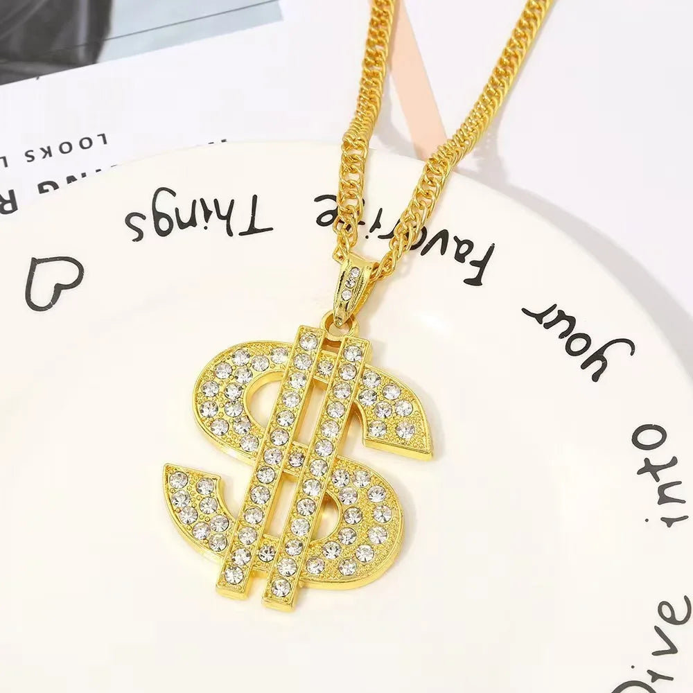 Fashion Gold Plated USD Dollar Pendant Necklace with Rhinestone for Hip-Hop Party Dress-up Accessories