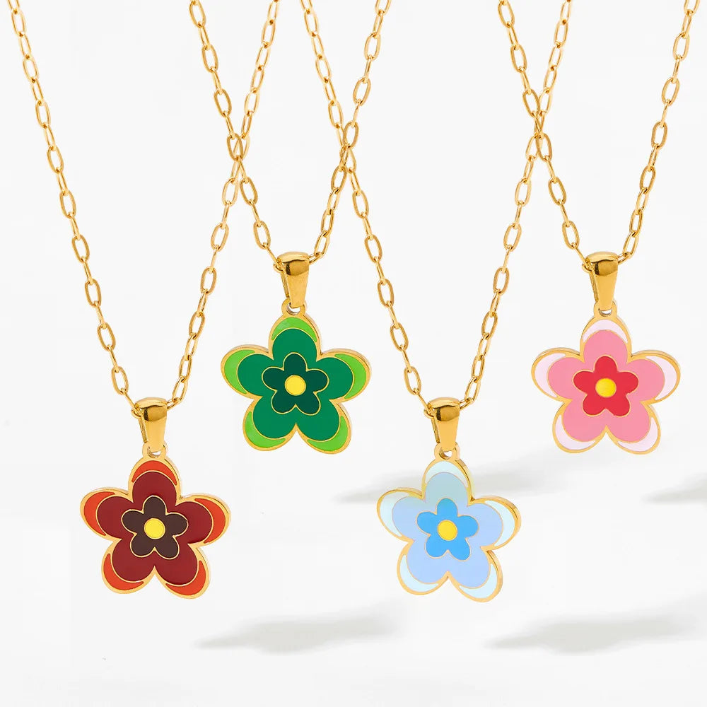 18K Gold Plated Stainless Steel Princess Cut Zircon Trendy Link Chain Multi-Layer Colorful Epoxy Flower Pendant Anniversary