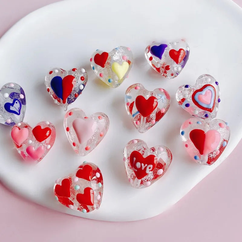 Cute Straight Hole Charm Handmade Beaded Drawn Polka Dot Peach Heart Bead for Diy Necklace Bracelet and Foot Chain Accessorie