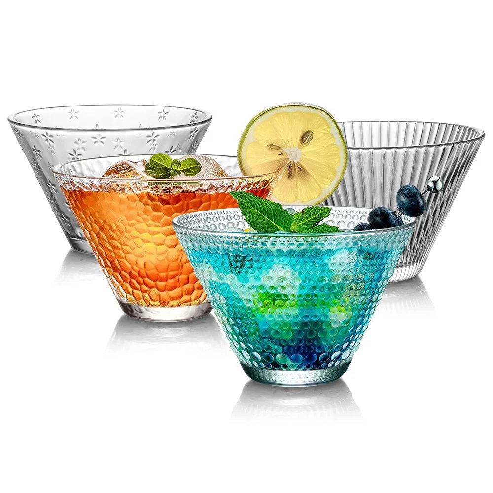Vintage Embossed Textures Stemless Martini Glass Cup 8.5oz Ice Cream Glasses Dessert Bowl