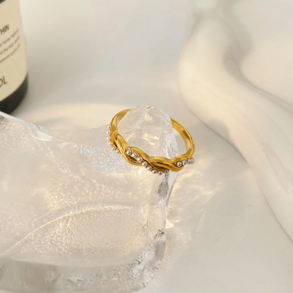 Woven Fried Dough Twists Titanium Steel Ring Fashion  Jewelry  Stainless Steel Inlaid Pearl Ring