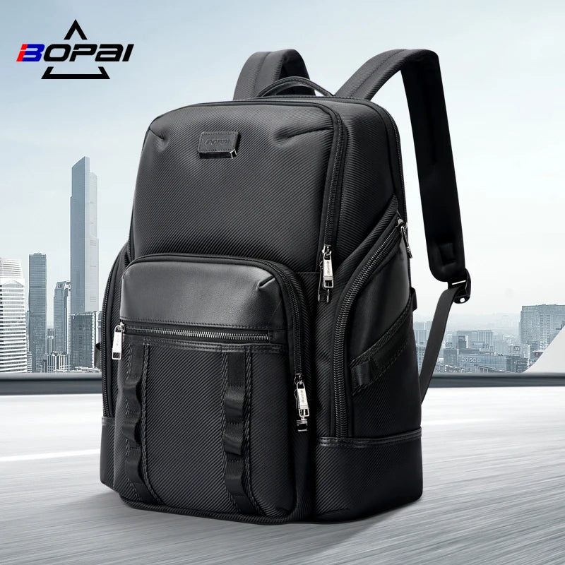 BOPAI Branding Personalized Black Cowhide Men Business Water Bottle Zaino Da Pc Large Capacity 15.6 Inch Laptop Travel Backpa