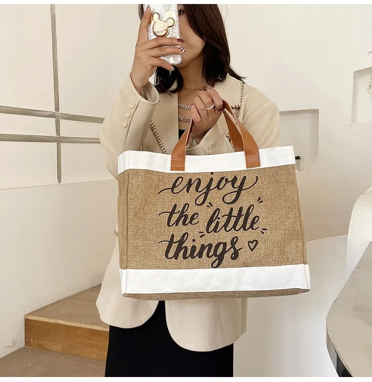 Cotton and Linen Bag Hand Shopping Bag Korean Printed Letters Large Capacity Linen Lunch Bag Wholesale