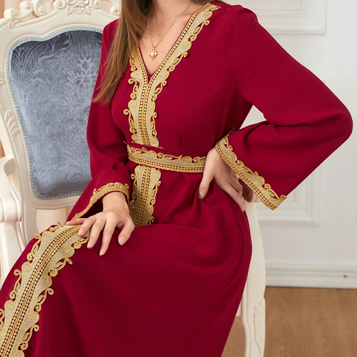 M-XXL Muslim Women's Solid Color Patchwork Loose Embroidered Long Skirt Dress V-neck Long Sleeved Muslim Robe