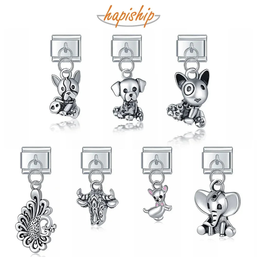 Hapiship New Original Daisy Dog Cow Elephant Peacock Italian Links Charm Fit 9mm Bracelet Stainless Steel Jewelry Making DJ28