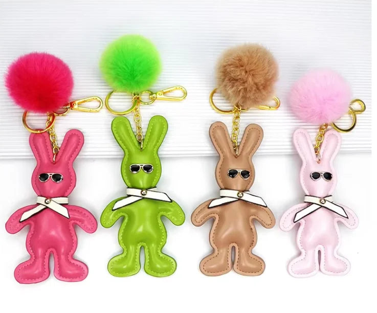 New  Custom Fluffy Rabbit Plush Key Chain  Pompom Keyring Bag Charm Car Keychain Luxury Animal  Leather Keyc