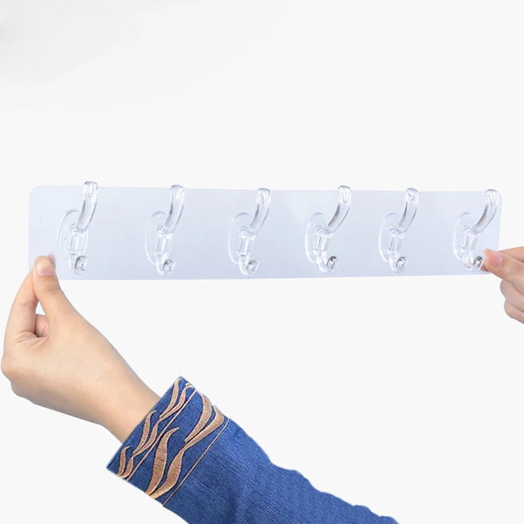 Household Transparent Row Wall Hook Wall Mounted  Plastic Sticky Hooks Kitchen Non Punching Trackless Wall Hook