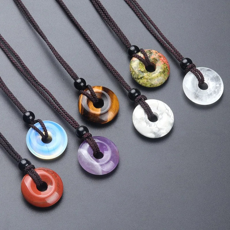 Factory Ins Style Natural Gemstone Agate Birthstone Crystal Woven Rope Lucky Safety Buckle Donut Pendant Necklace for Men Wom