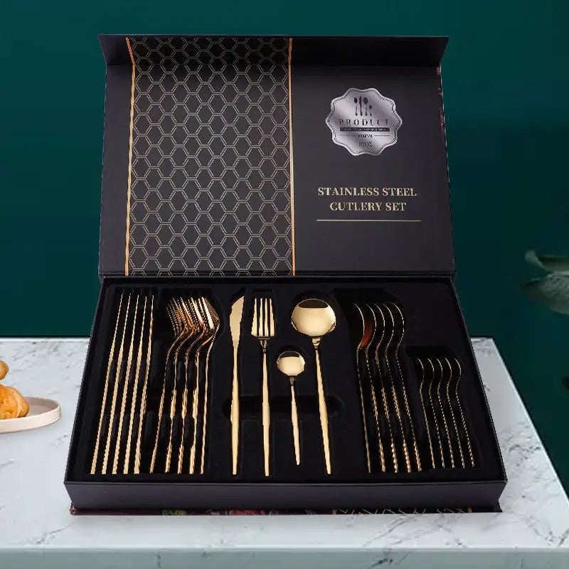 Luxury Portuguese Stainless Steel Flatware Set With Box Party Wedding Silverware Spoon Fork Knife 24 Pieces Gold Cutlery Set