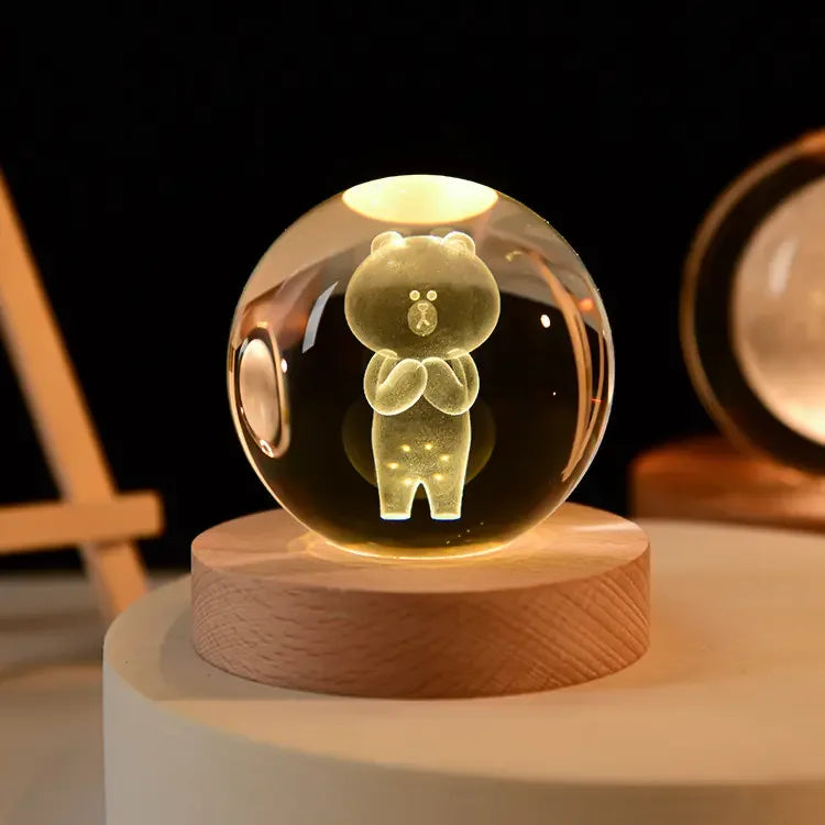 Pujiang Factory  Wholesale clear Custom 3D Engraved Laser Glass Crystal Ball with LED Lighting Wood Base