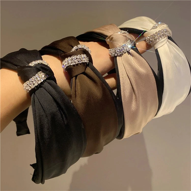 New High-end Luxury in Korea Big Bow Rhinestone Headband Wide Brimmed Hair Hoop Girls Flannel Handmade Hair Accessories