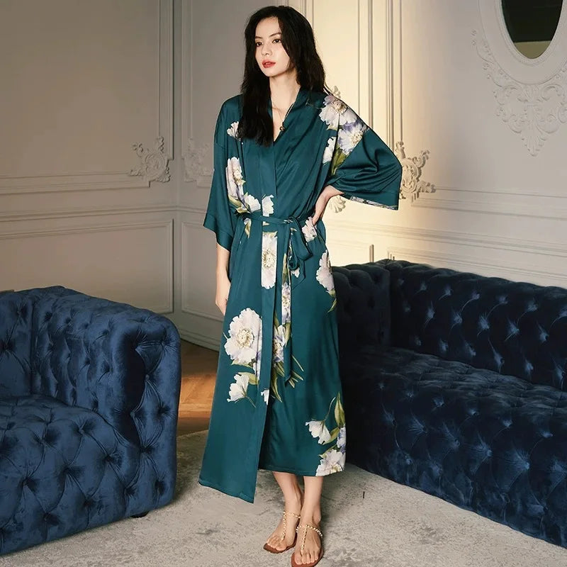 New Floral Printing Satin Pajamas for Women Summer One Size Light Luxury Bohemian Style Dress Gown Bathrobe for Women
