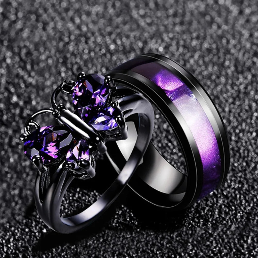 Multi Colors Diamond Couples Jewelry Stainless Steel Butterfly Purple Crystal Couple Ring for Lovers Jewelry