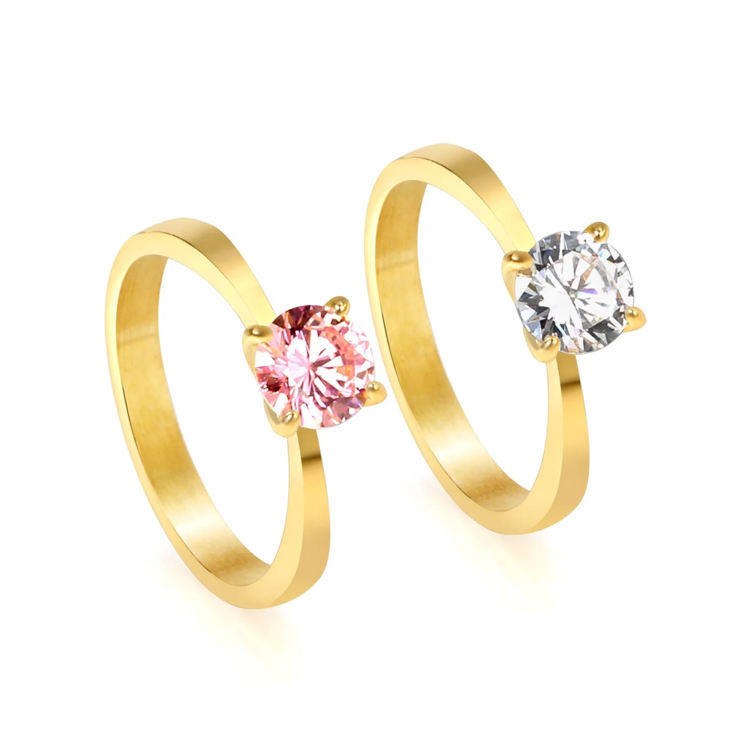 Women Wedding Rings Fashion Stainless Steel Ring Waterproof Gold Plated White Pink Round Brilliant Cut CZ Cubic Zirconia Ring
