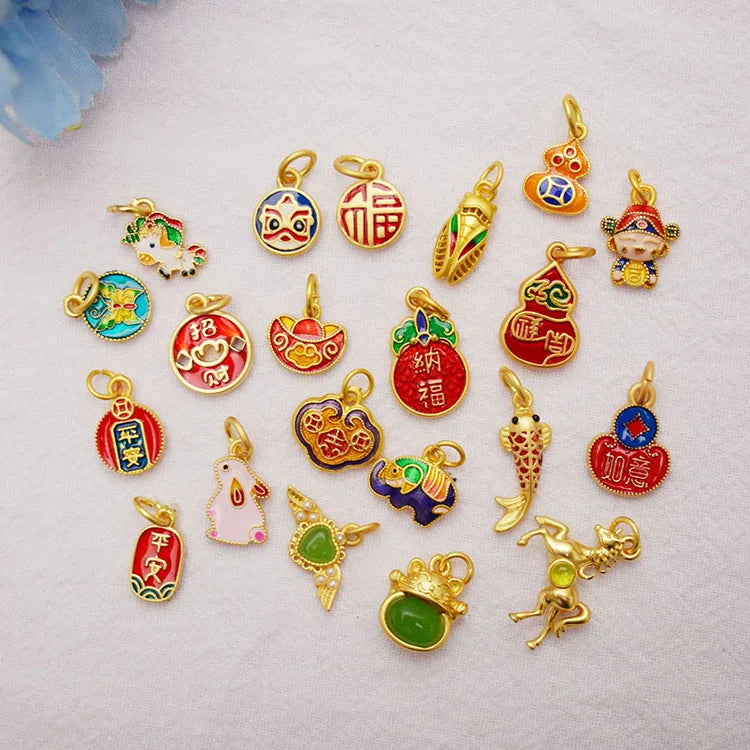 JS1717 Dainty Chinese Elements Matte Gold Plated Brass Enamel Lucky Medal Charms with Natural Jade  Charms for Bracelet Makin