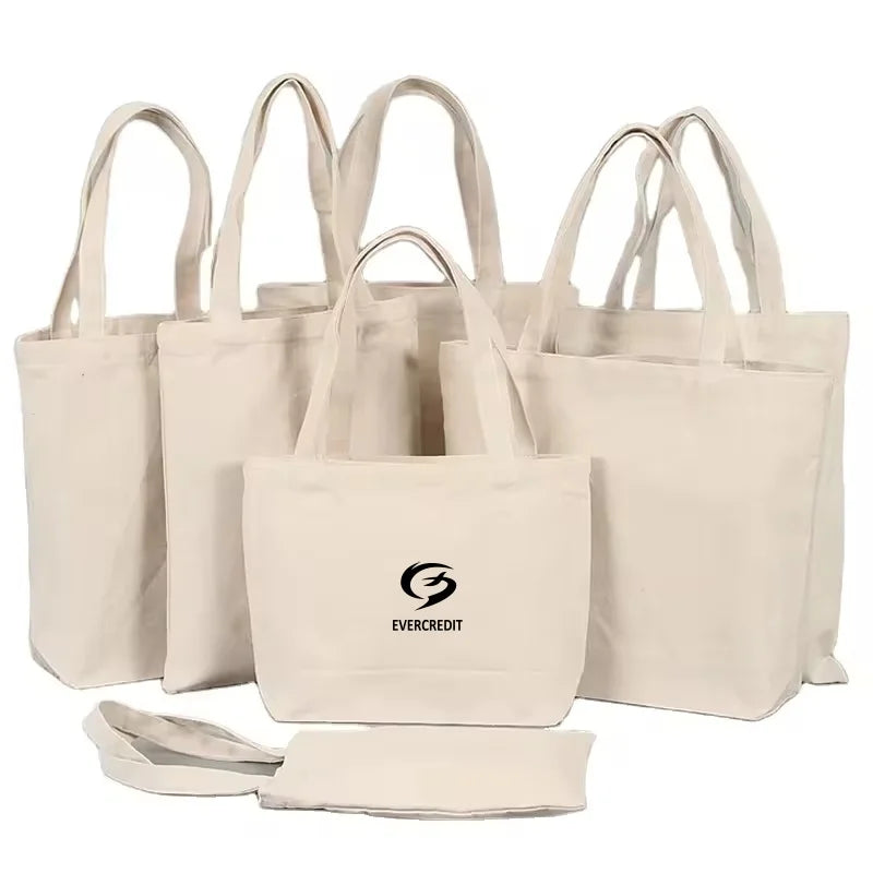 Custom Logo Solid Color Portable Beach Shoulder Tote Bag Cartoon 100% Cotton Canvas Eco-Friendly Foldable Shopping Grocery Ba