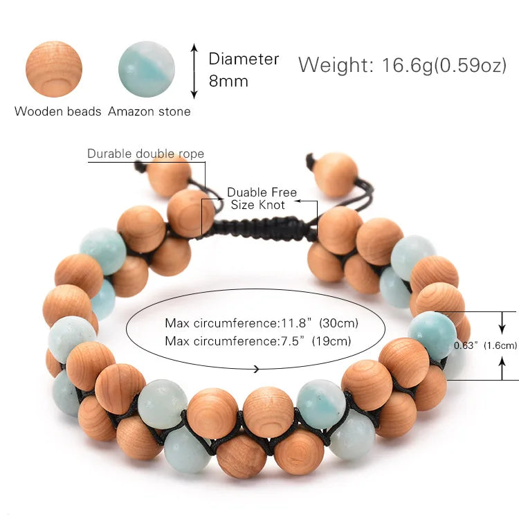 Hot Selling Natural Stone Wood Bead Double Row Adjustable Woven Mala Bracelet Fashion Jewelry Ball Shape Unisex