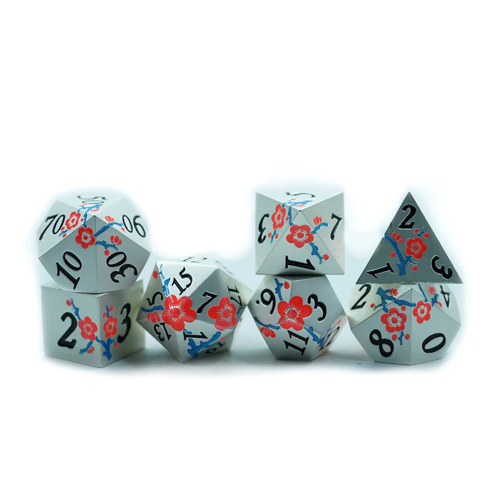 Custom LOGO Grow in the Dark Dnd Dice Set Red Flower Design Solid Sliver Metal Polyhedral Dice Set for Rpg Board Game