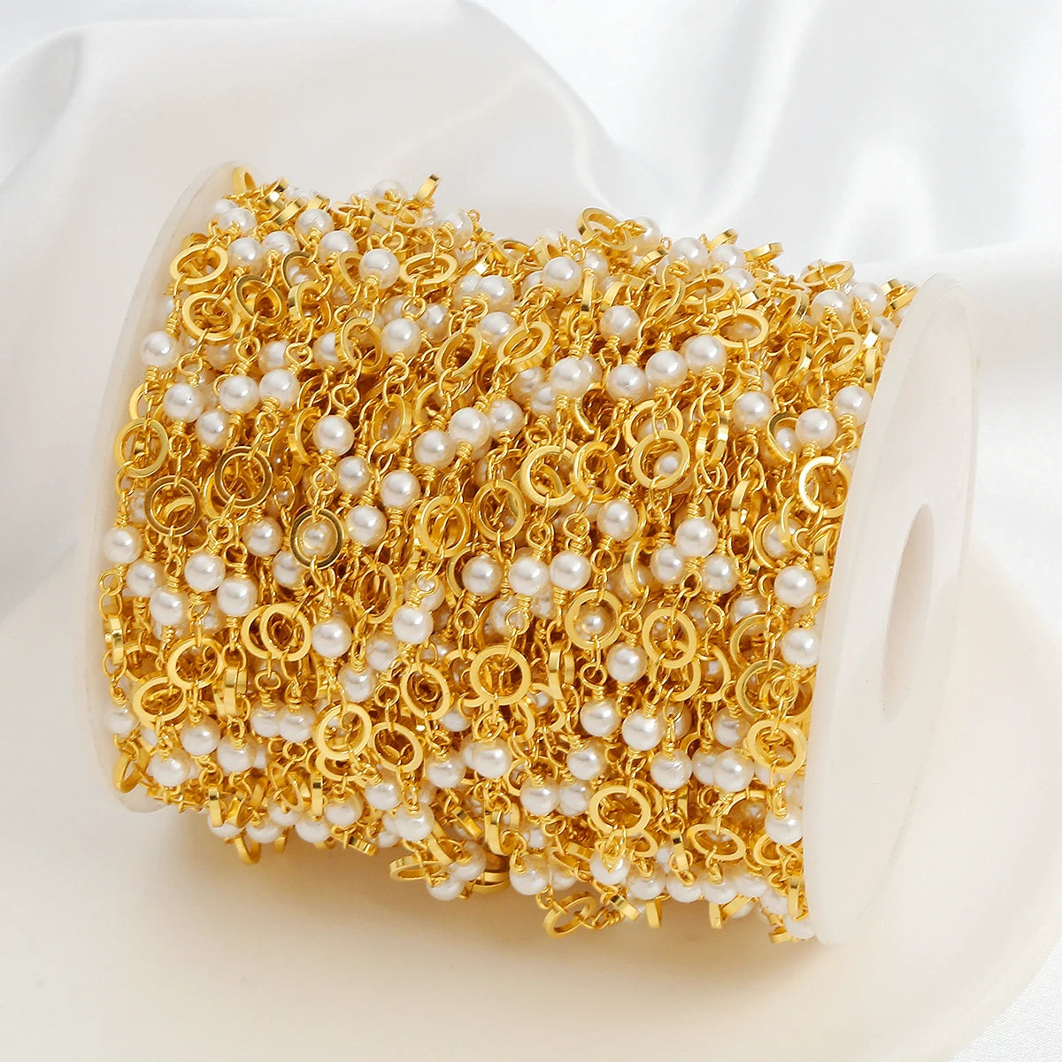 14K & 18K Gold Plated Brass Loose Round Chain with Pearl Bead for Jewelry Making