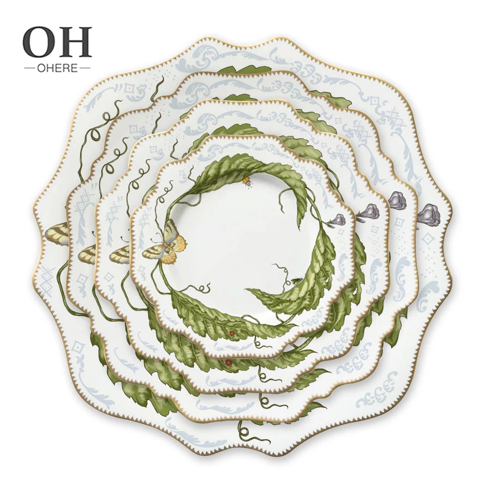 Modern Customized Green Leaf Butterfly  Sunflower Porcelain Tableware Wedding Party Dinner Plates Hand-Painted Charger Plates