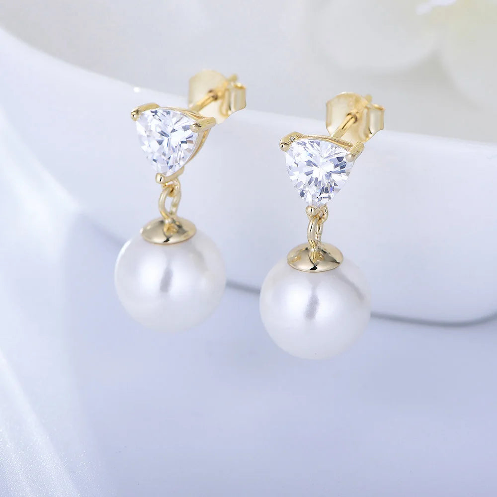 Simple Minimalist Single Shell Pearl Psj S925 Sterling Silver 14k Gold Plated Cubic Zircon Trillion Drop Down Earrings for Wo