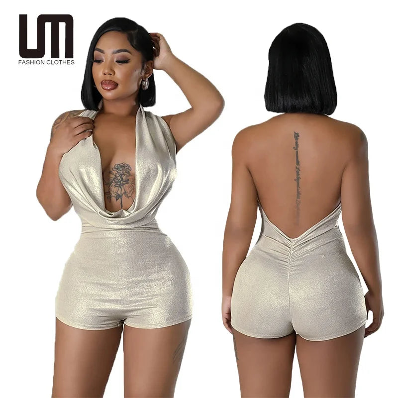 Liu Ming Popular Products Sexy Halter Neck Women Backless Bodysuit One Piece Short Romper Jumpsuit