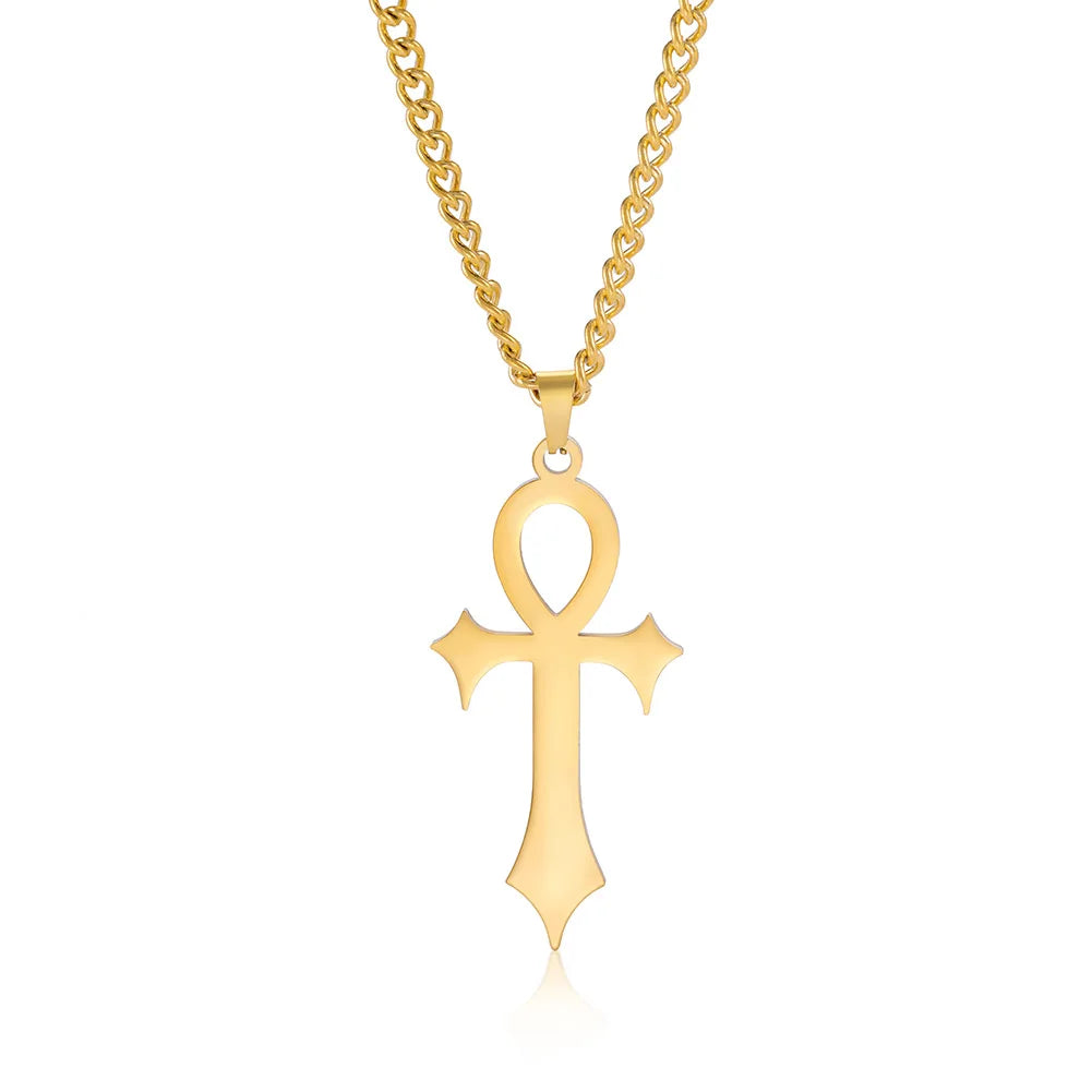 Vintage Trendy Women's Stainless Steel Crosses Ankh Pendant Necklace Link Chain with Egypt Talisman Jewelry-Wholesale