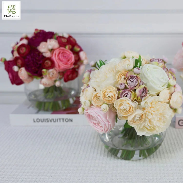 High Quality Customized Artificial Peony & Rose Flower Floral Arrangement With Globe-shaped Glass Vase and Water