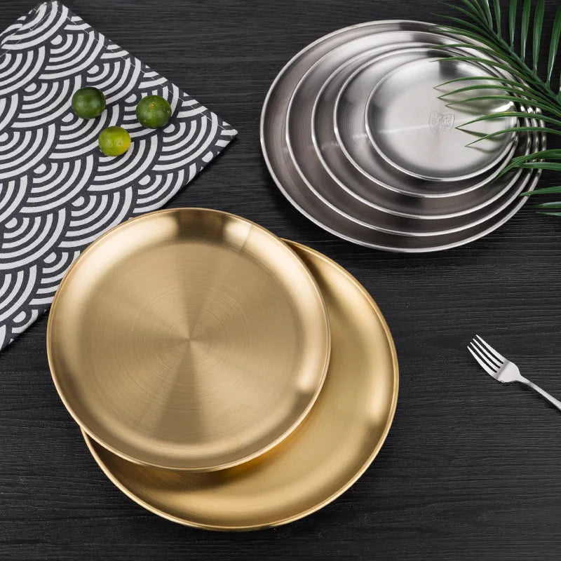 Hot Selling Stainless Steel Cutlery Gold Flatware Hotel Silverware Golden Round Plate Western Food Tray Vegetable Plate